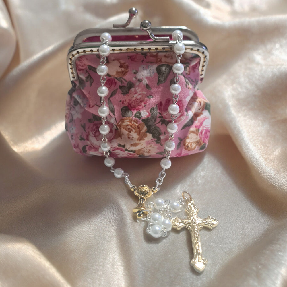 Holy Communion pearl rosary and Purse (free shipping)