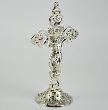 Metal silver crucifix with stand (15.5cm h) - JMJ Catholic Products#variant