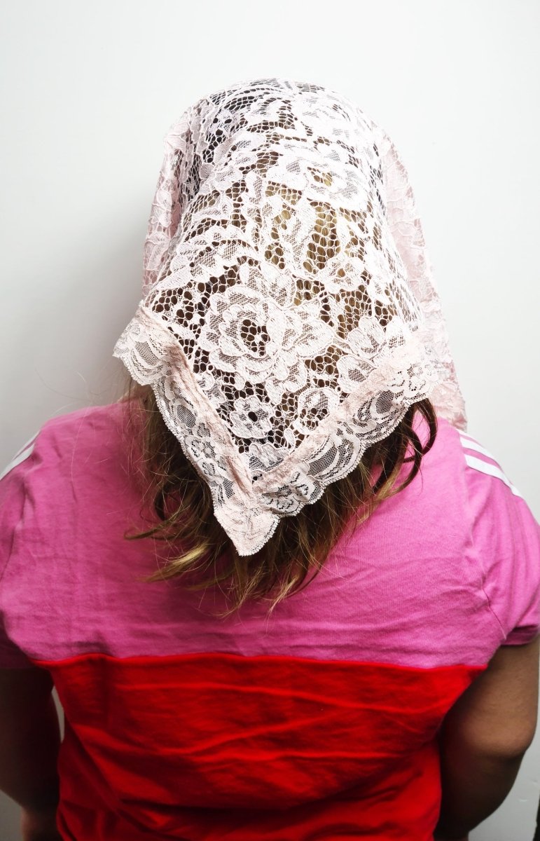 Triangular Mantilla, with wide lace Hem. PINK (free shipping) - JMJ Catholic Products#variant