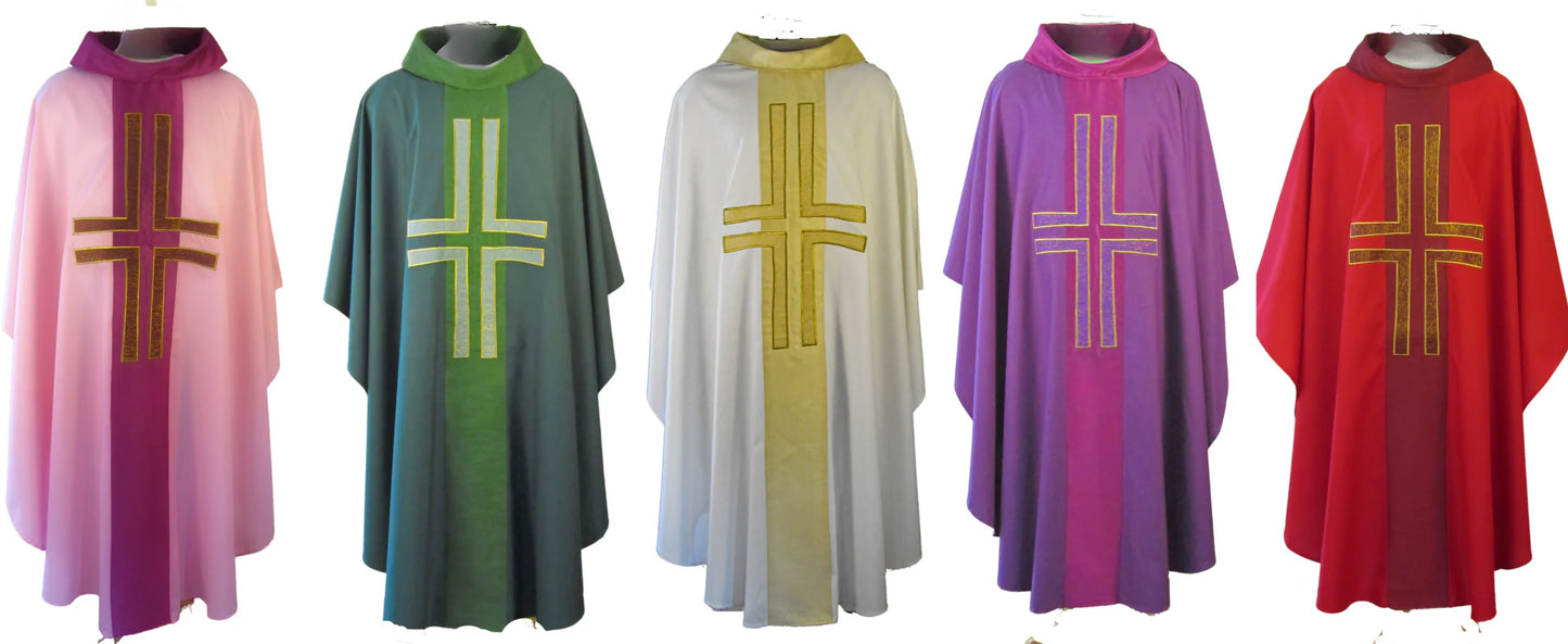 Art silk orphrey/collar with Lucerne applique cross chasuble