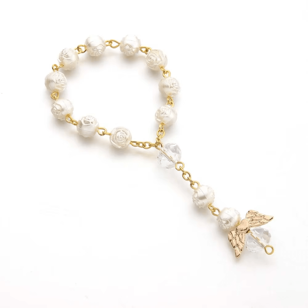 14K Gold Plated Mini Angel Decade Rosary - White Rose Beads - JMJ Catholic Productsvariant