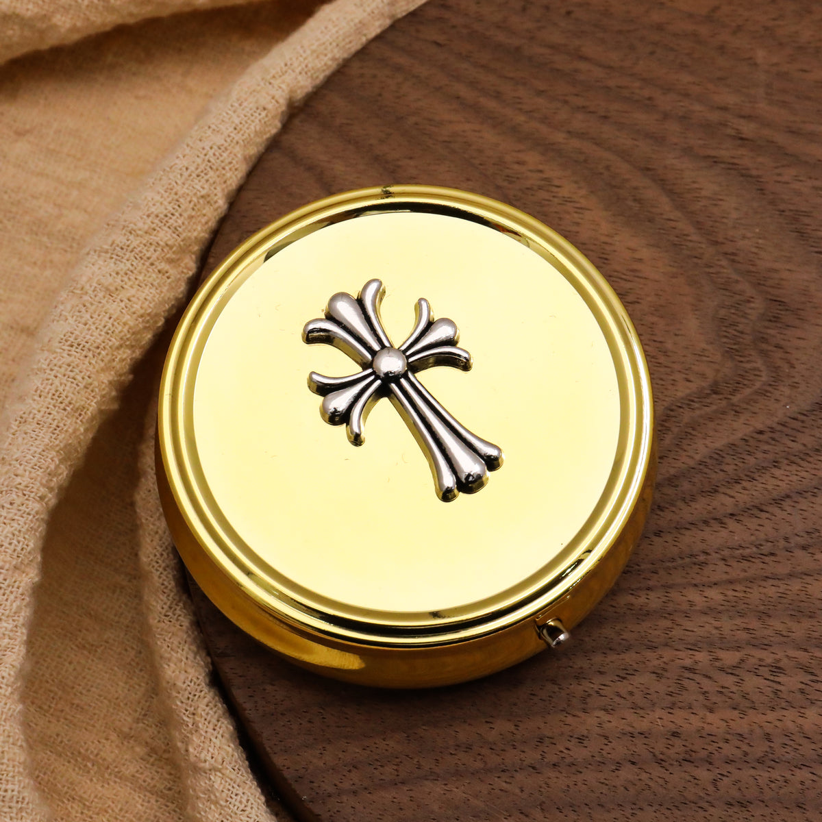 Economy Gold Pyx & Rosary Case - Silver Cross