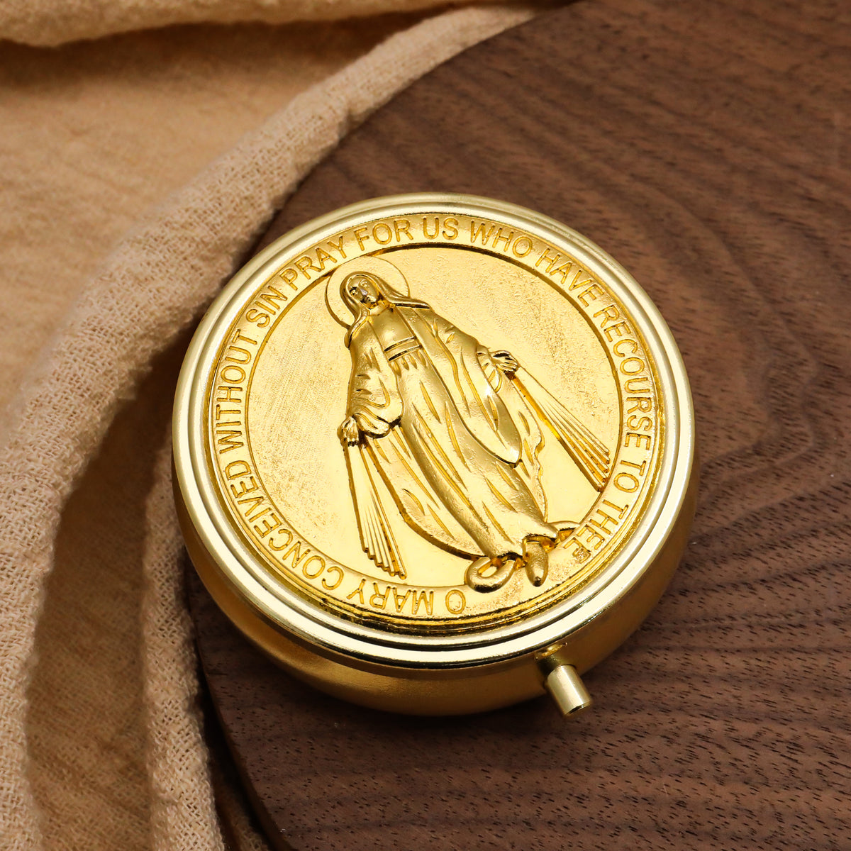 Economy Gold Pyx & Rosary Case with Miraculous Medal Design