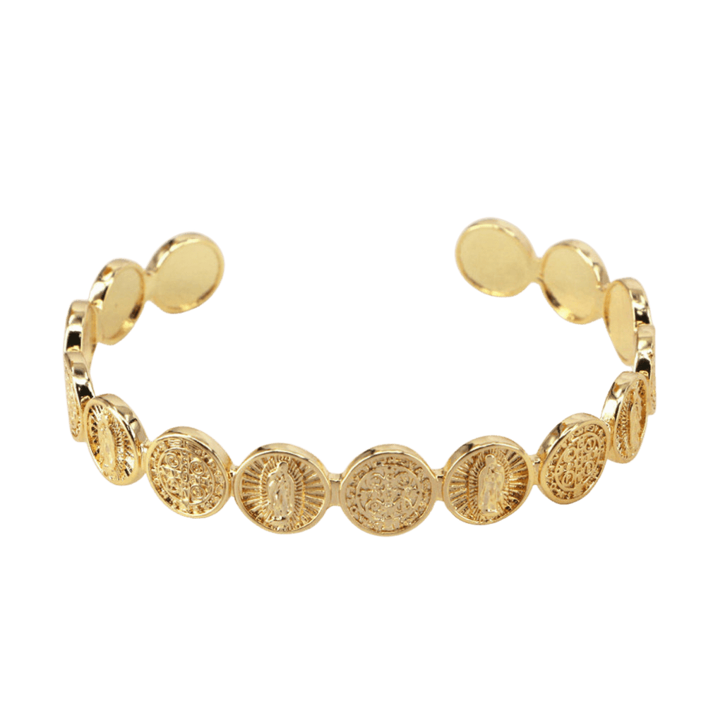 18K Gold Plated Guadalupe and Benedict Medallion Cuff Bangle - JMJ Catholic Productsvariant