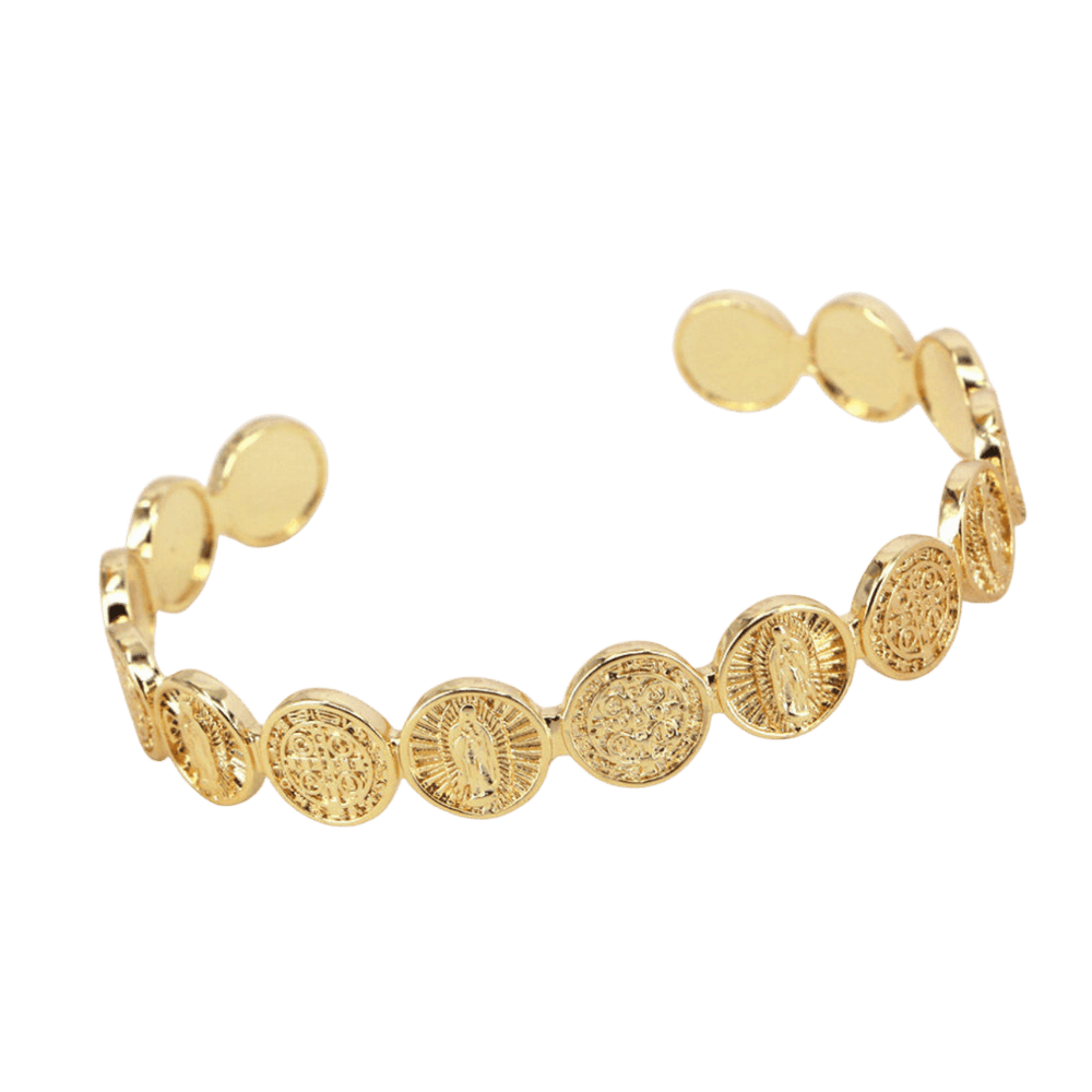 18K Gold Plated Guadalupe and Benedict Medallion Cuff Bangle - JMJ Catholic Productsvariant