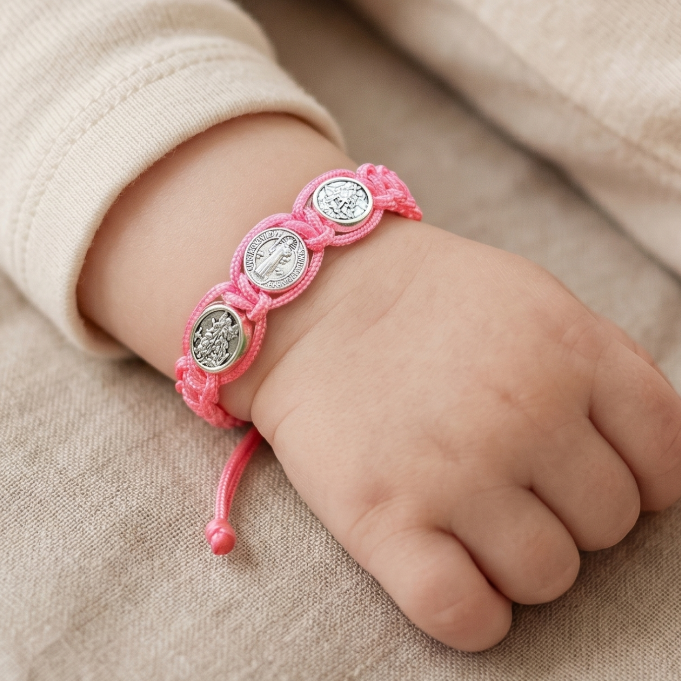 St. Benedict Pink Cord Baby Bracelet - Pink