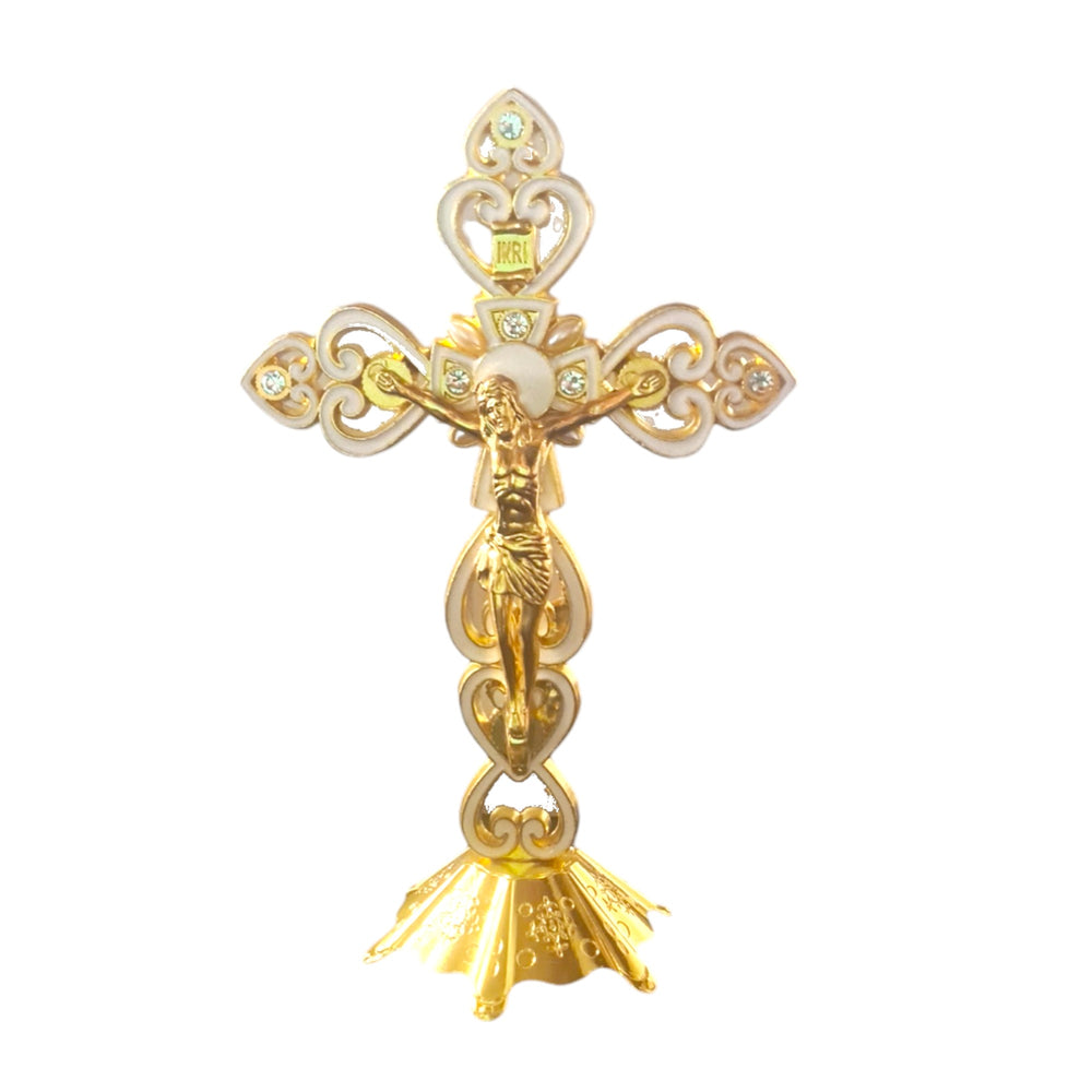 Gold and White crucifix with stand (20cm h)