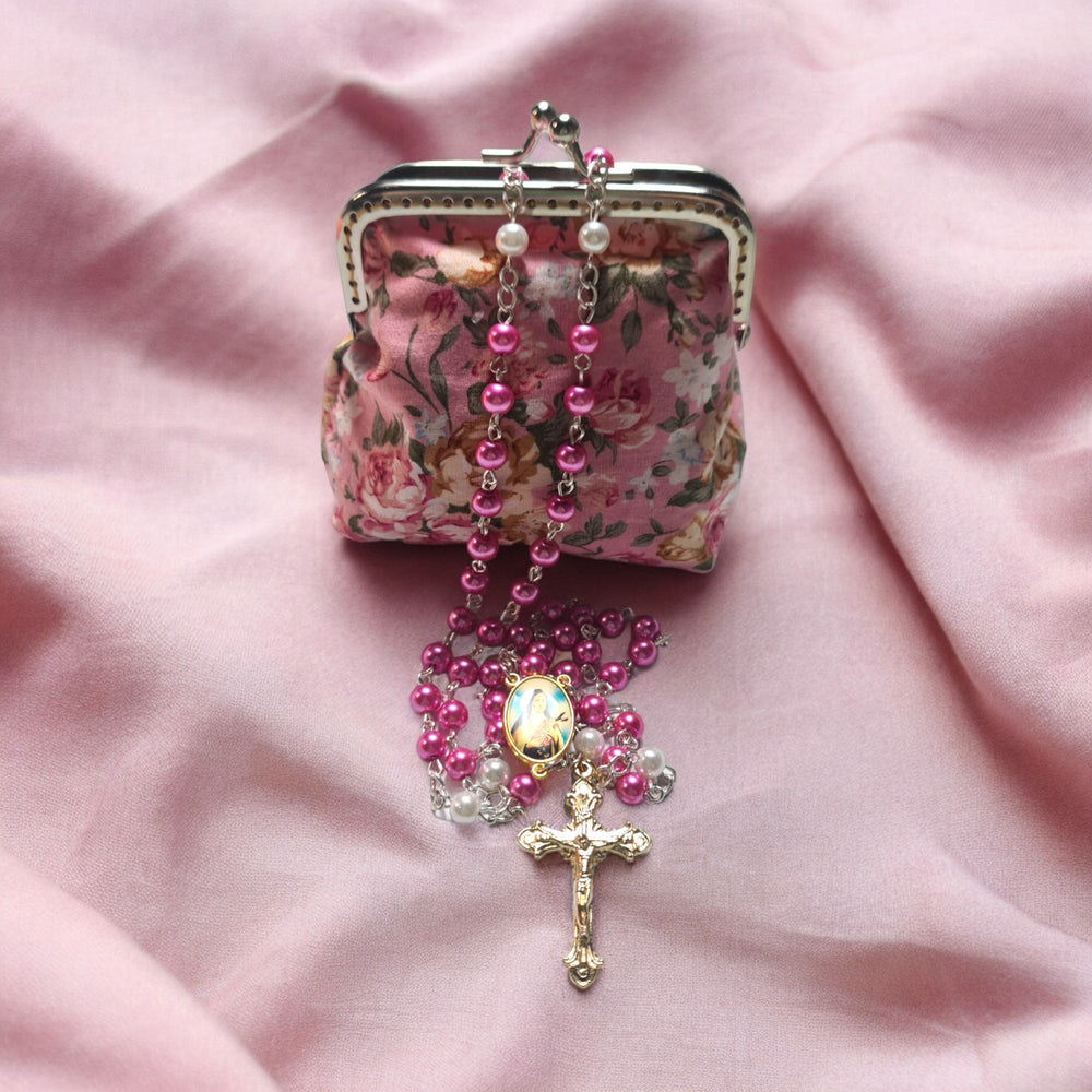 Handmade Rosary ( St Therese of Lisieux) and Purse (free shipping)