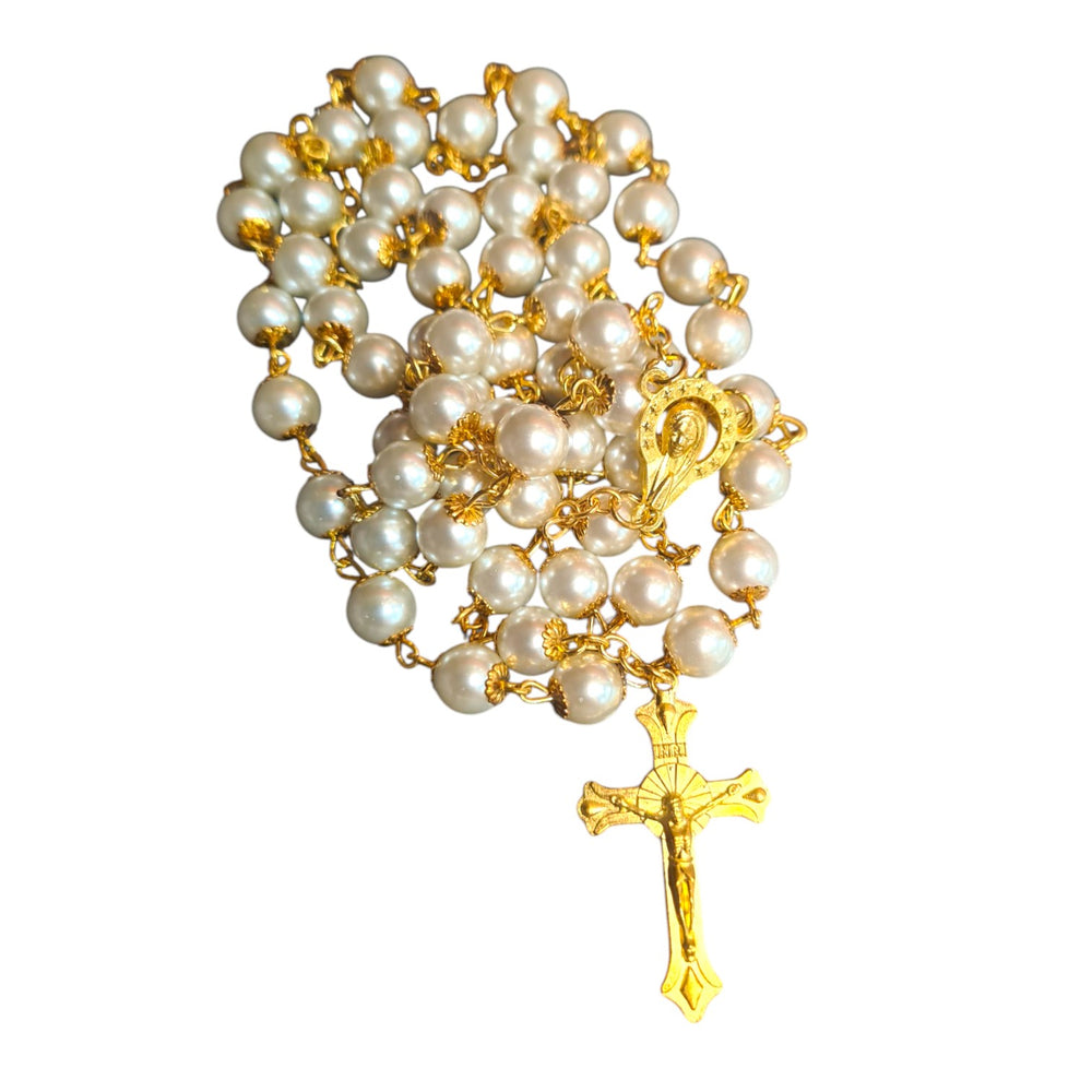 Gold Cross Pearl Bead Rosary