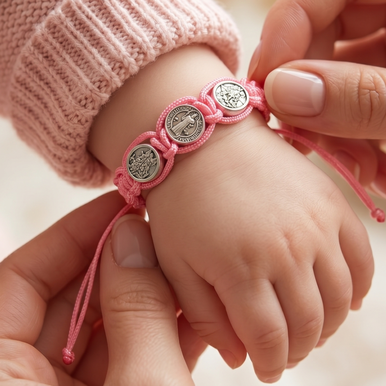 St. Benedict Pink Cord Baby Bracelet - Pink