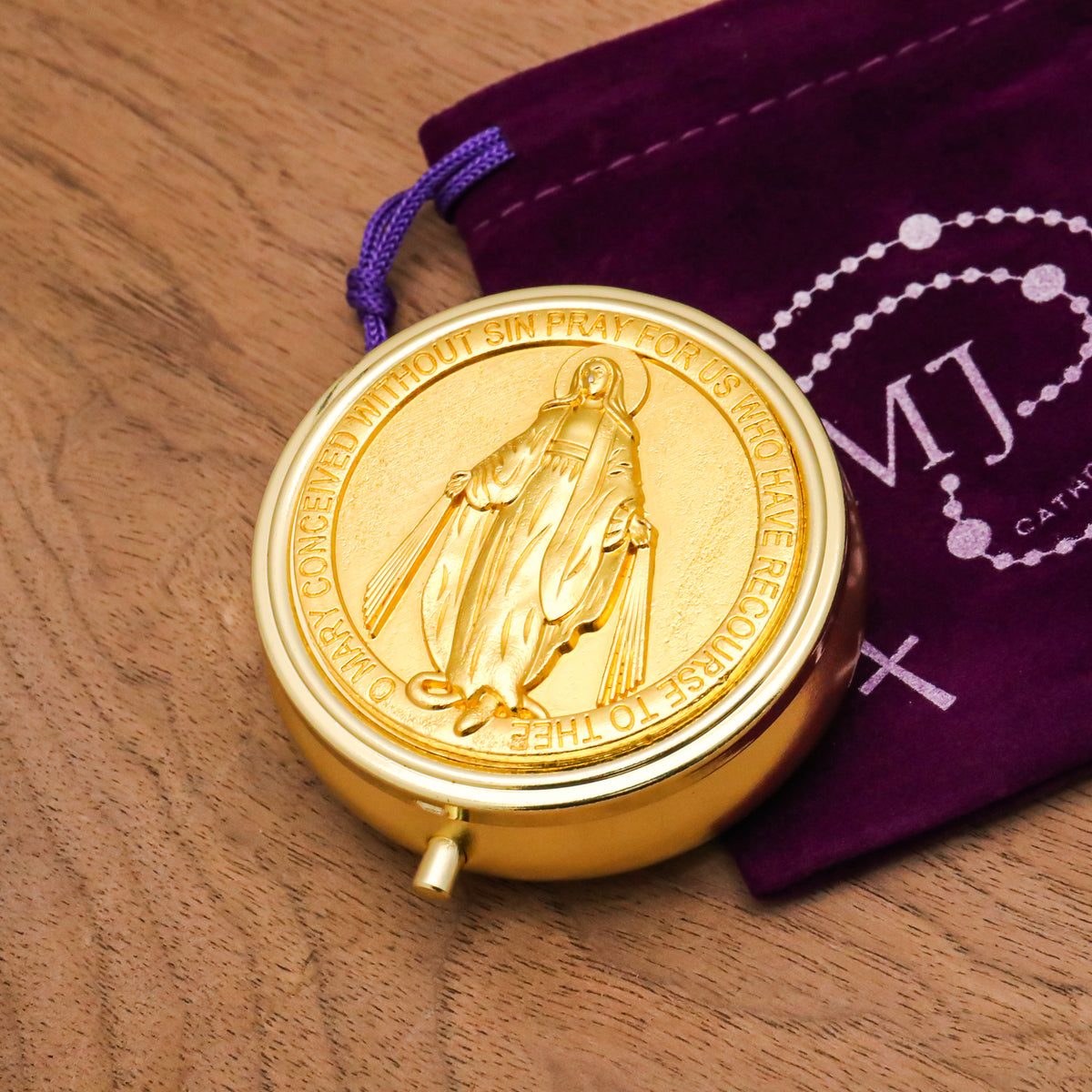 Economy Gold Pyx & Rosary Case with Miraculous Medal Design