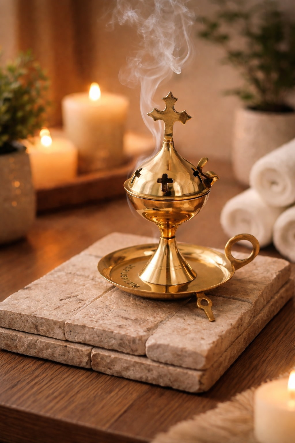 High-Polished Brass Hand-Crafted Incense Burner – Jerusalem (18cm)