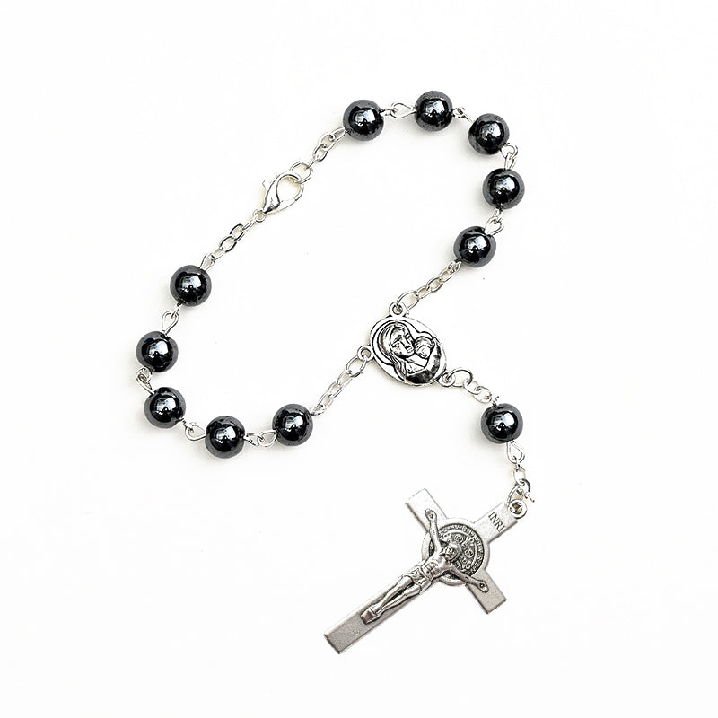 Genuine Polished Hematite Decade Rosary with Holy Mary Medal