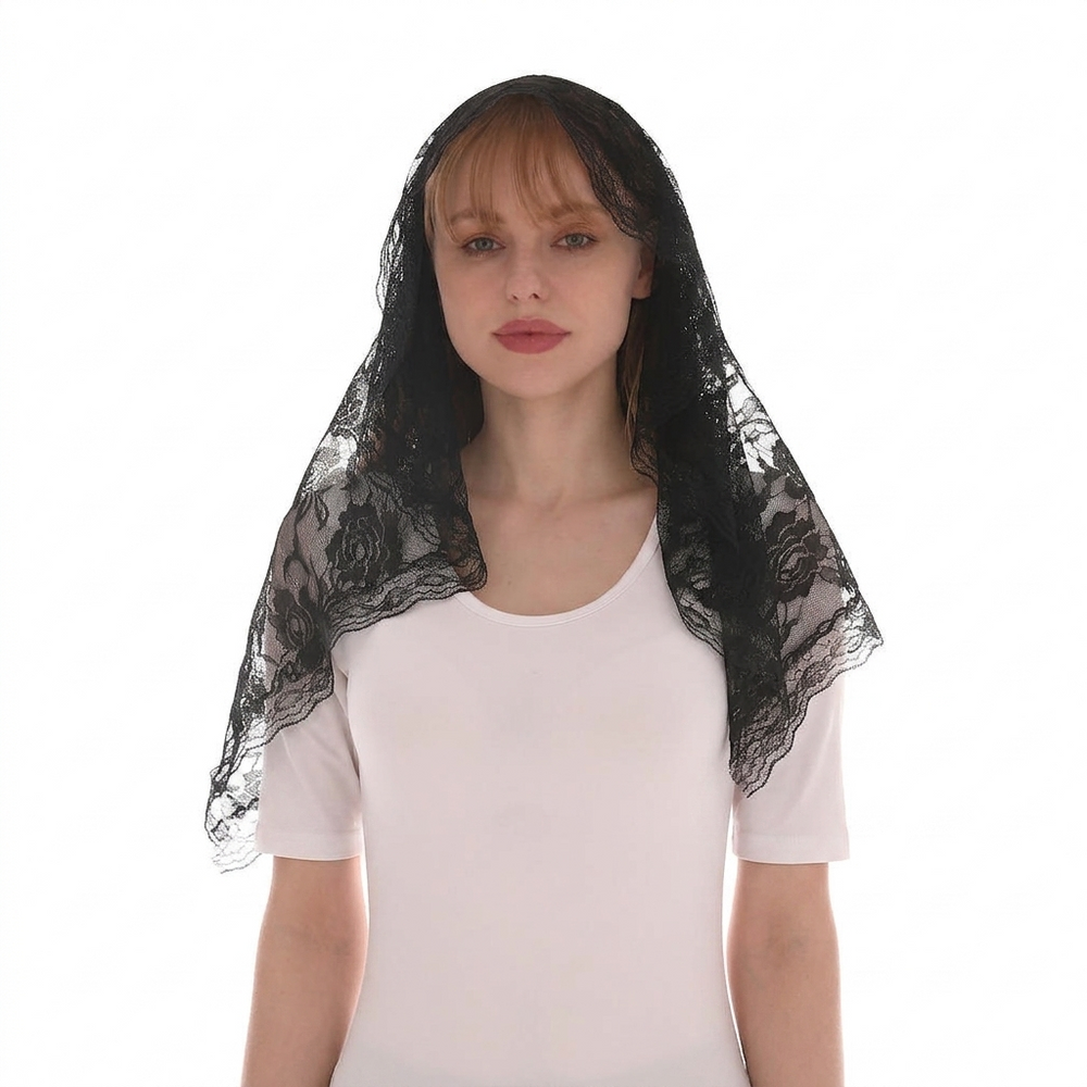 Circular Arc Floral Lace Mantilla Veil - Black or White (85 x 57 cm)