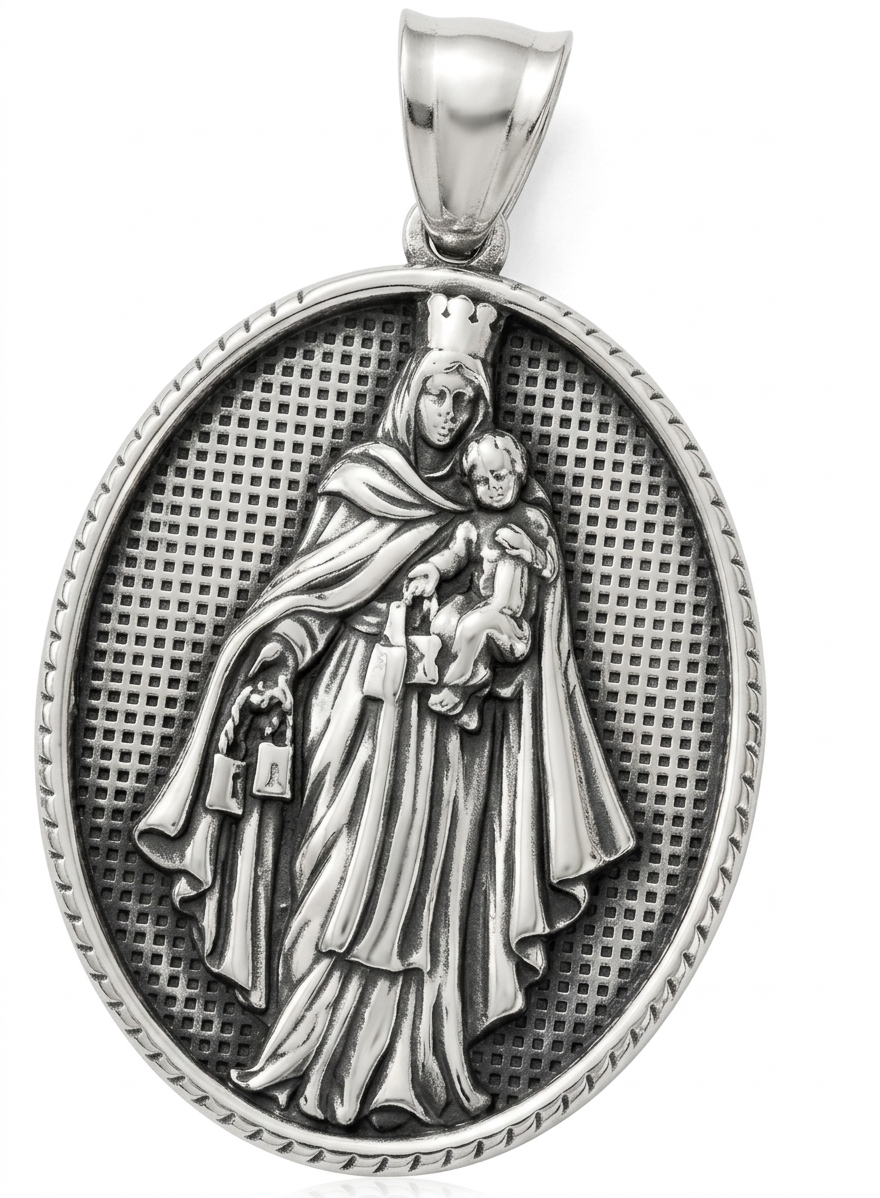 Mary and Jesus Pendant Medal Necklace – Silver Stainless Steel (60cm)