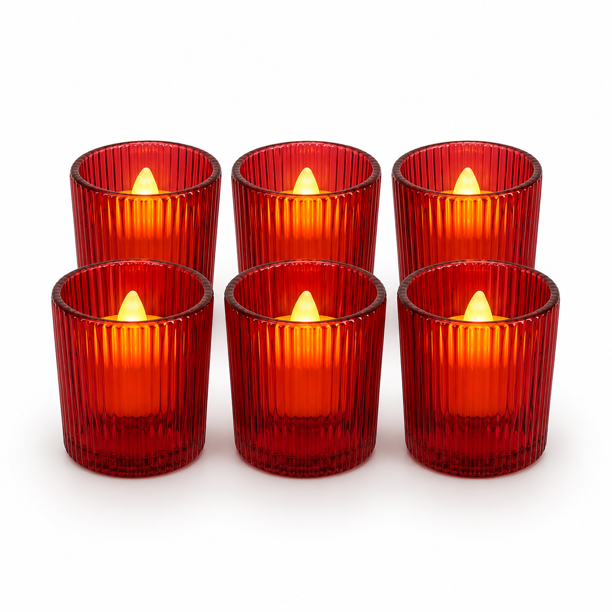 Red Glass Holder with Warm White LED Devotional Votive Candle Set (Pack of 6)