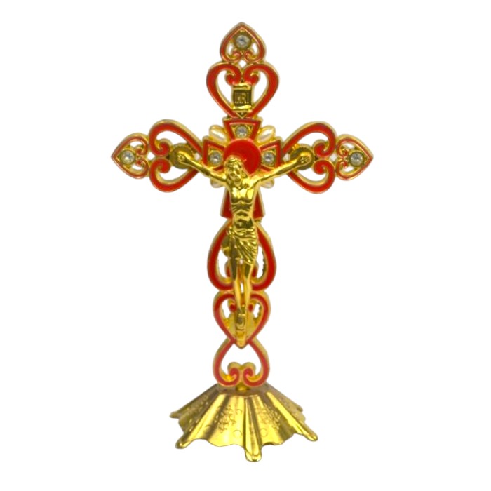 Gold and Red crucifix with stand (20cm h)