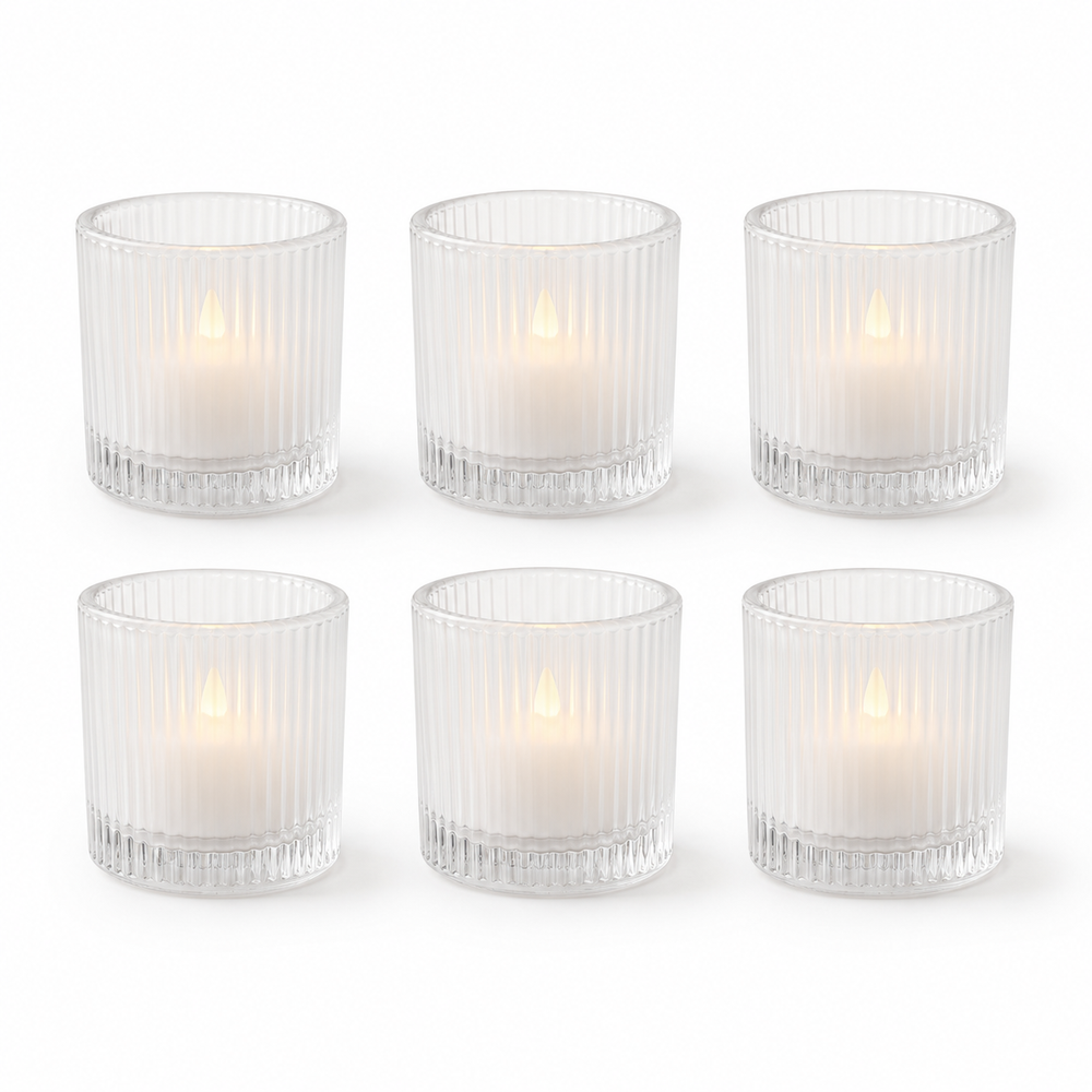 Clear Glass Holder with Warm White LED Devotional Votive Candle Set (Pack of 6)