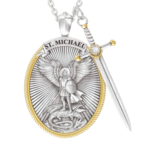 Antique silver plated Saint Michael with sword pendant necklace