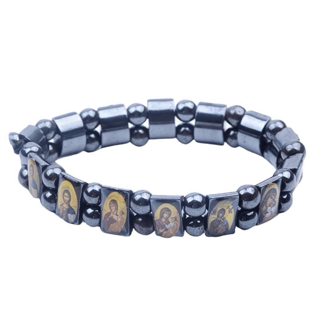Black Hematite Jesus, Mary and Saints Holy Icons Bracelet