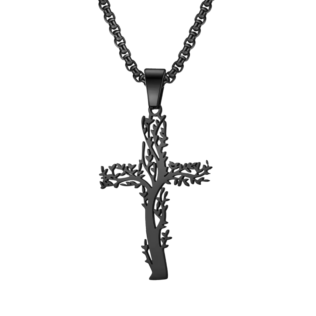 Black Thorn Crucifix Pendant Necklace — Black Stainless Steel