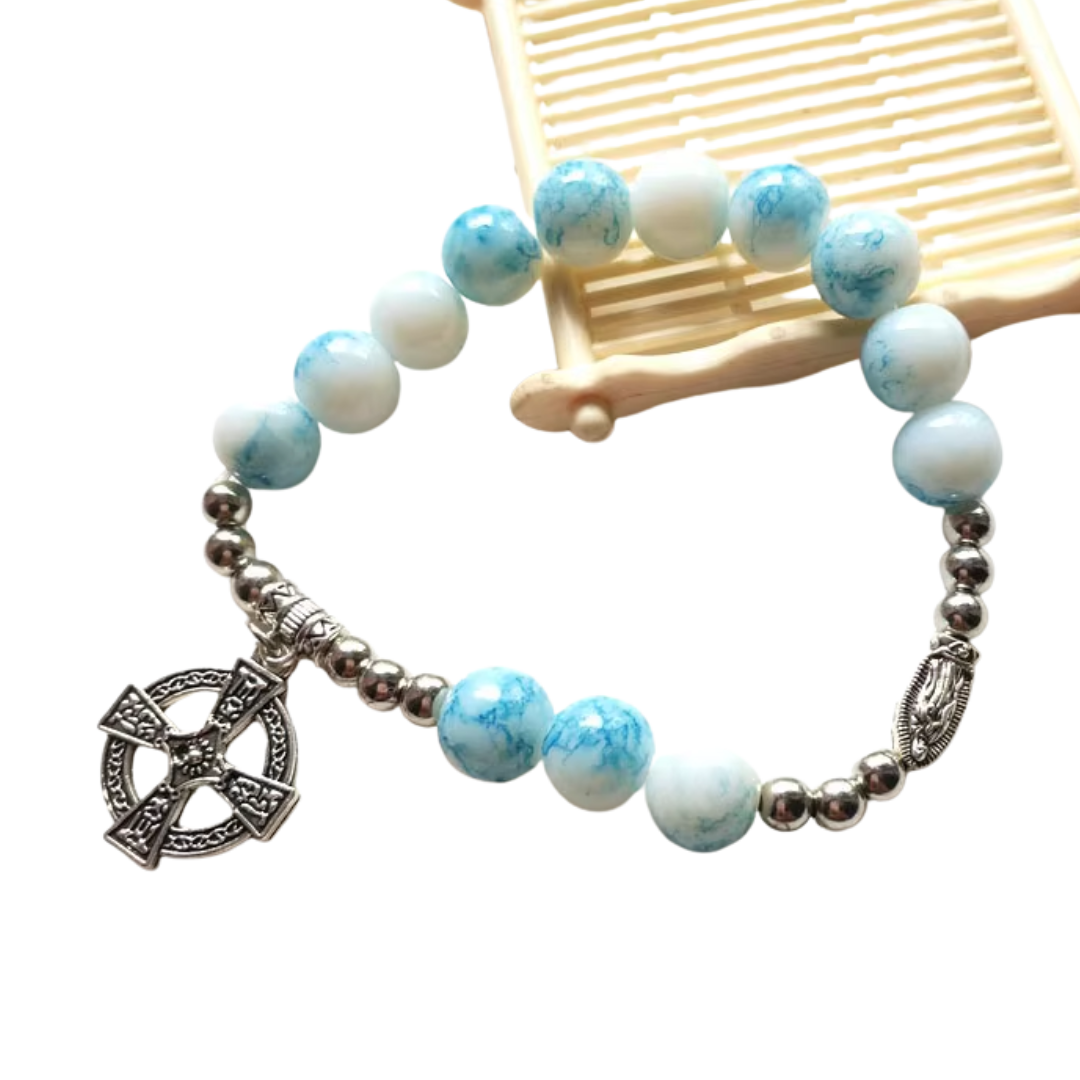 Blue Marbled Beaded Crucifix Rosary Bracelet with Miraculous Medal