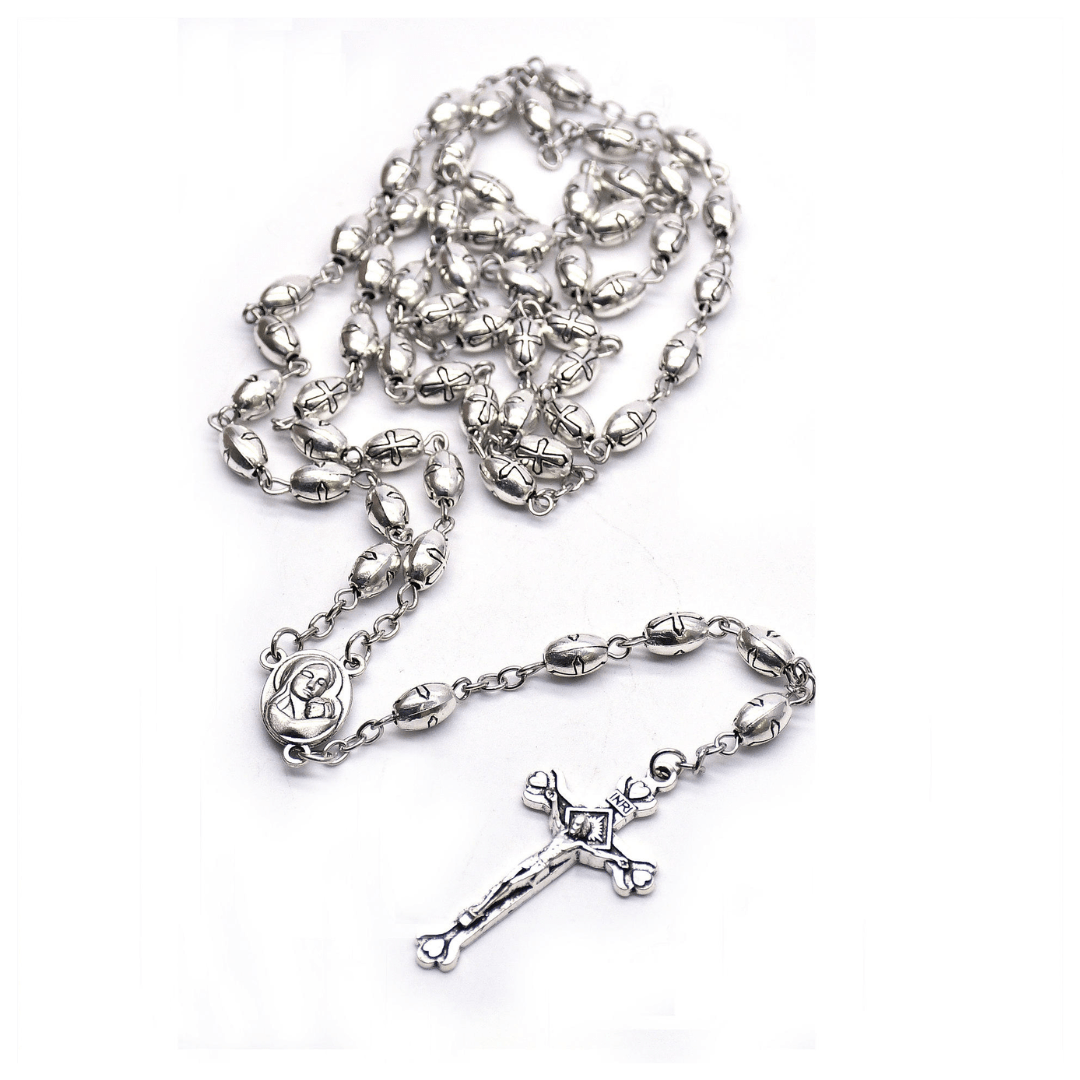 Catholic Silver Alloy Rice-Shaped Bead Rosary - JMJ Catholic Productsvariant