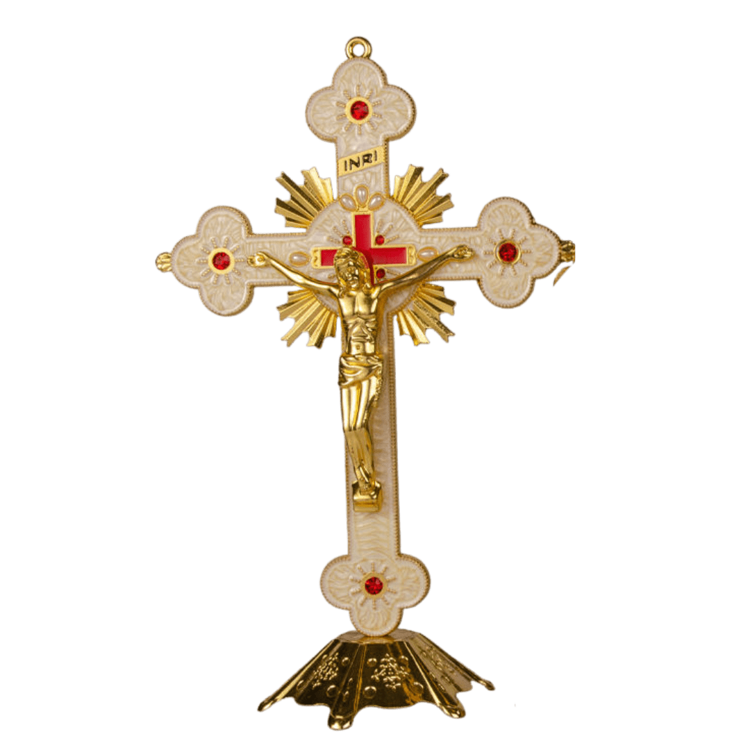Catholic Standing Crucifix with Red Inlay