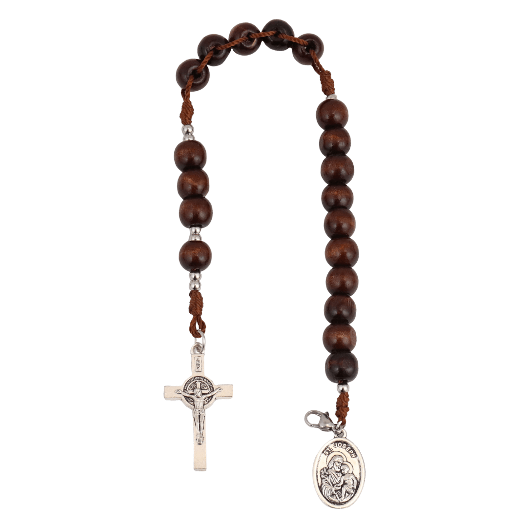 Catholic Wooden Pocket Rosary with St Joseph Medal