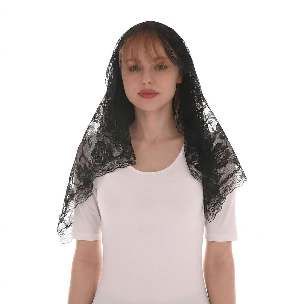 Circular Arc Floral Lace Mantilla Veil — Black or White - JMJ Catholic Productsvariant
