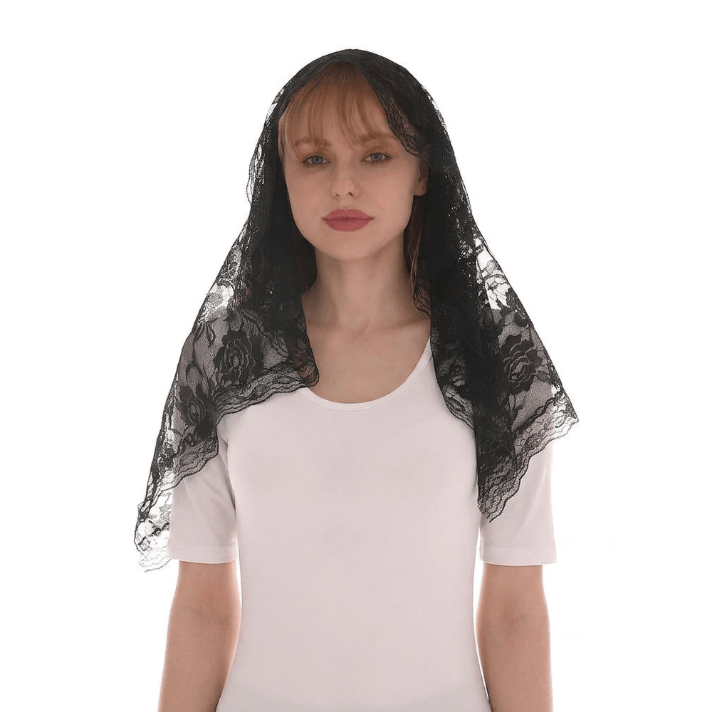 Circular Arc Floral Lace Mantilla Veil — Black or White - JMJ Catholic Productsvariant