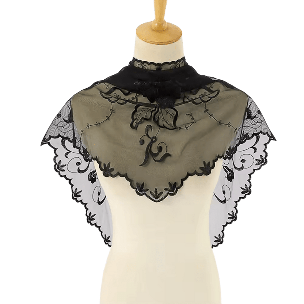 Classic Floral Scroll Embroidered Lace Mantilla Veil — Black or White - JMJ Catholic Productsvariant