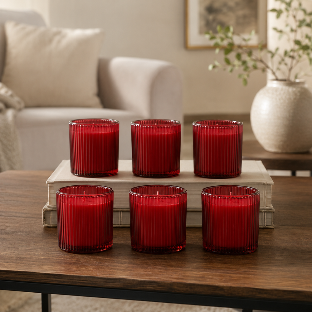 Red Glass Holder with Real Wax Devotional Votive Candle Set (Pack of 6)