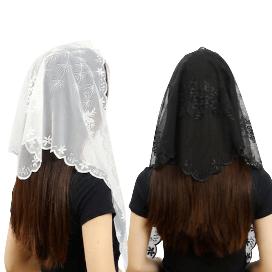 Elegant Floral Sheer Lace Mantilla Veil — Black or White - JMJ Catholic Productsvariant