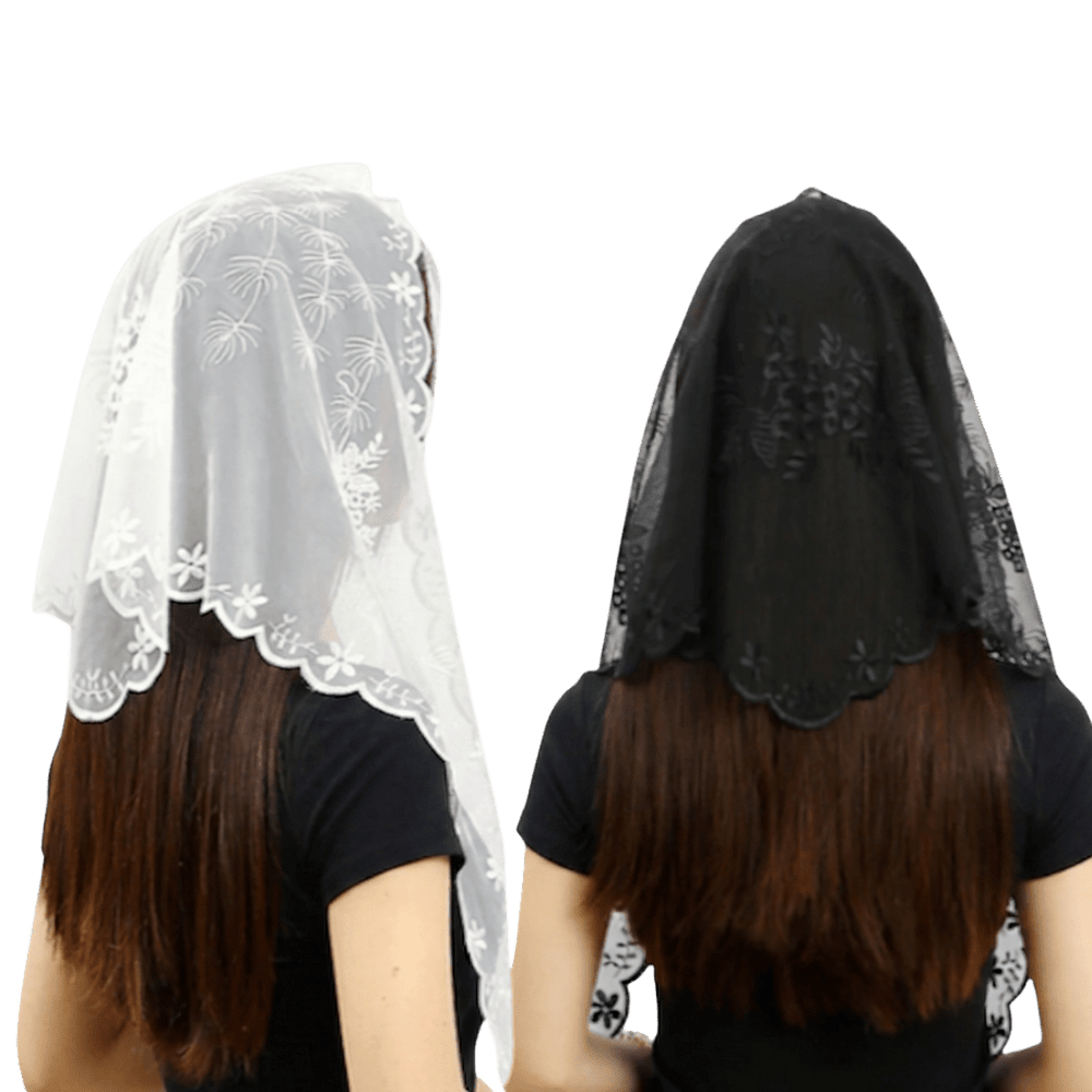 Elegant Floral Sheer Lace Mantilla Veil — Black or White - JMJ Catholic Productsvariant