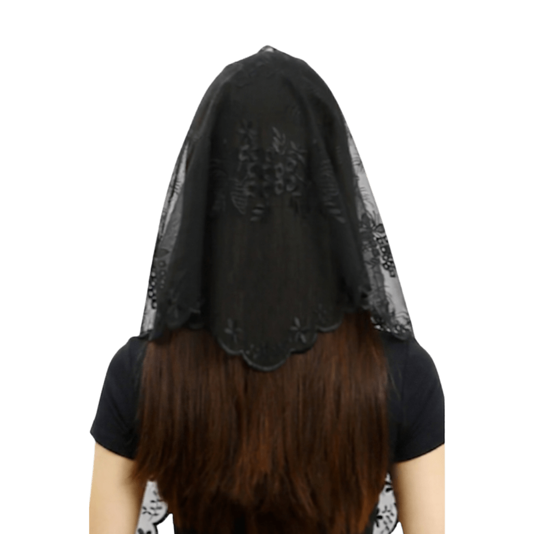 Elegant Floral Sheer Lace Mantilla Veil — Black or White - JMJ Catholic Productsvariant