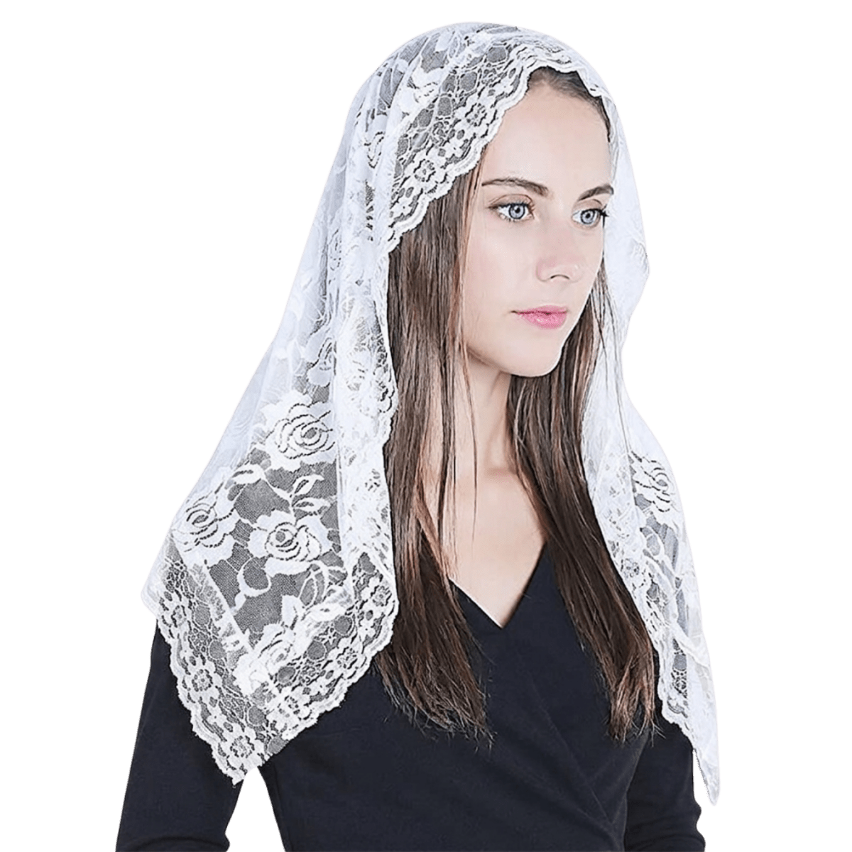 Embroidered Mantilla Veil with Lace — Black or White