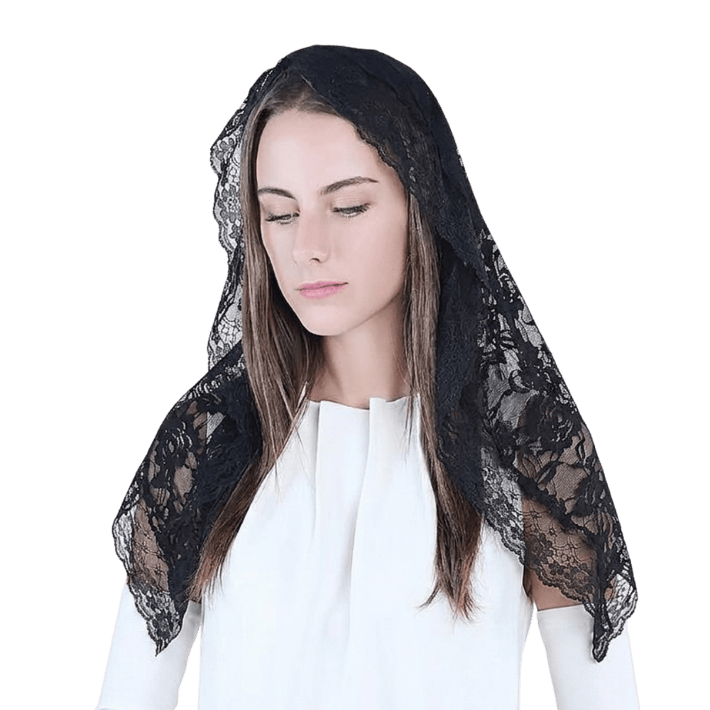 Embroidered Mantilla Veil with Lace — Black or White - JMJ Catholic Productsvariant