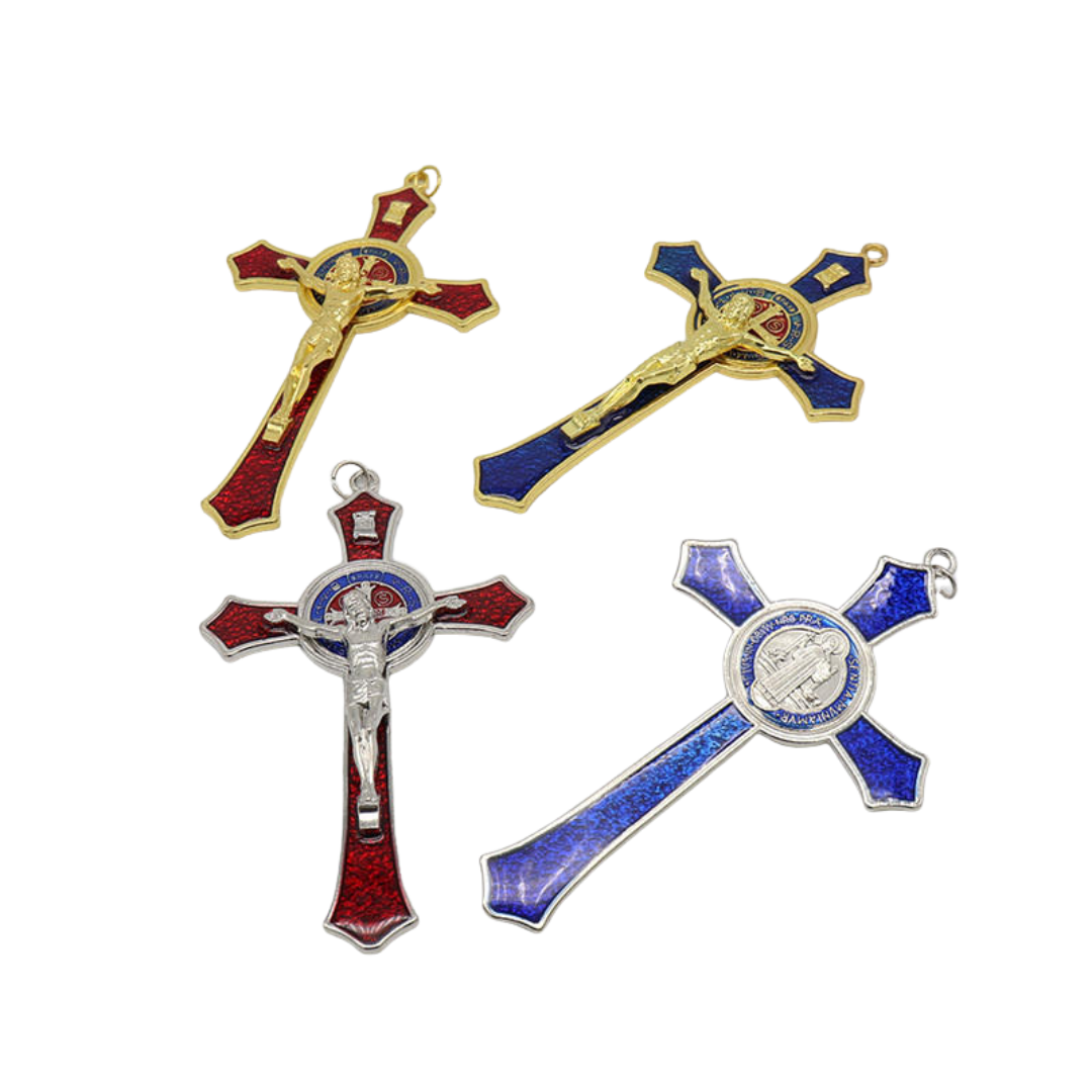 Enamel Metal Crucifix Pendant with Saint Benedict Medal - 4 Colours available - JMJ Catholic Productsvariant