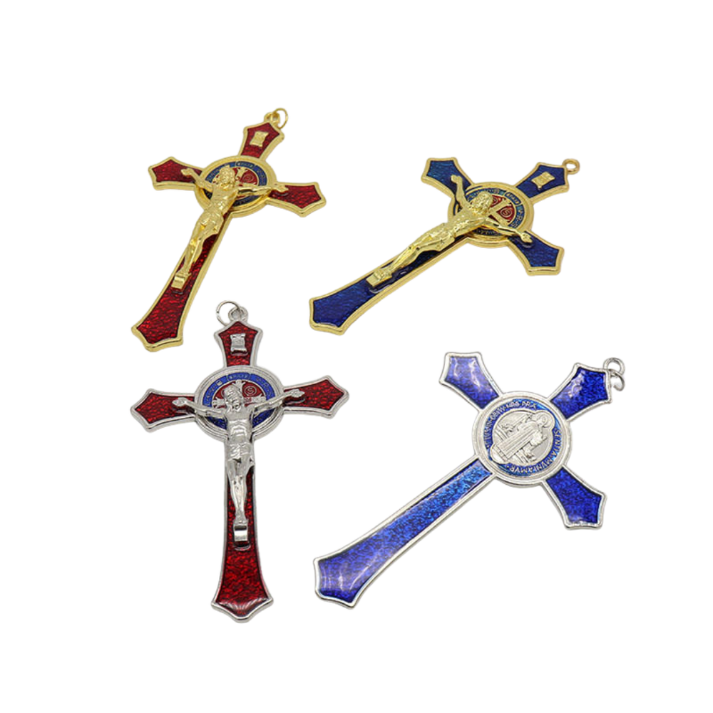 Enamel Metal Crucifix Pendant with Saint Benedict Medal - 4 Colours available - JMJ Catholic Productsvariant