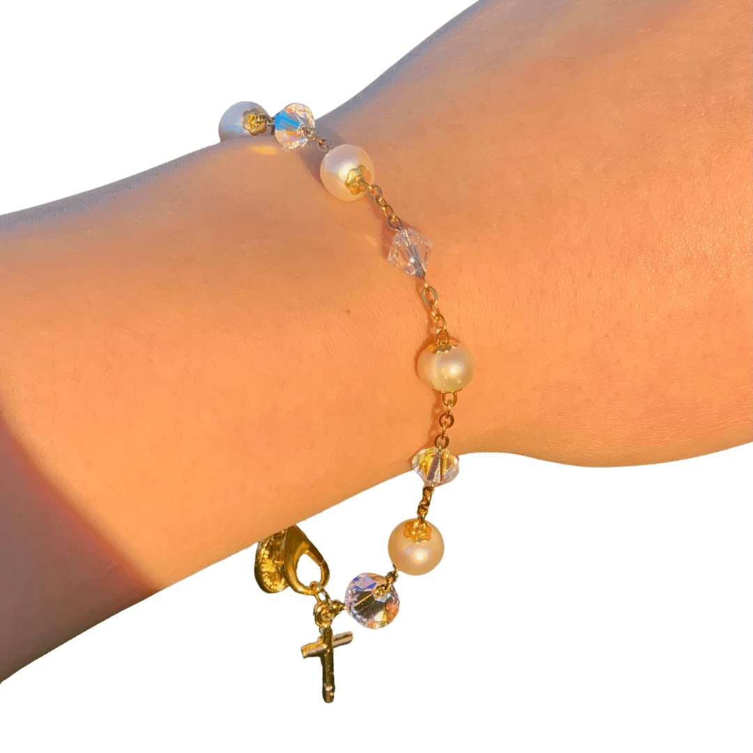 Fine Freshwater Pearl & Swarovski Crystal Bracelet — Crucifix, Australian Made - JMJ Catholic Productsvariant