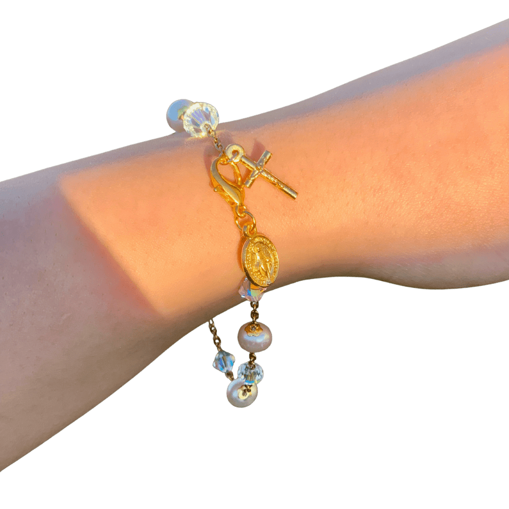 Fine Freshwater Pearl & Swarovski Crystal Bracelet — Crucifix, Australian Made - JMJ Catholic Productsvariant