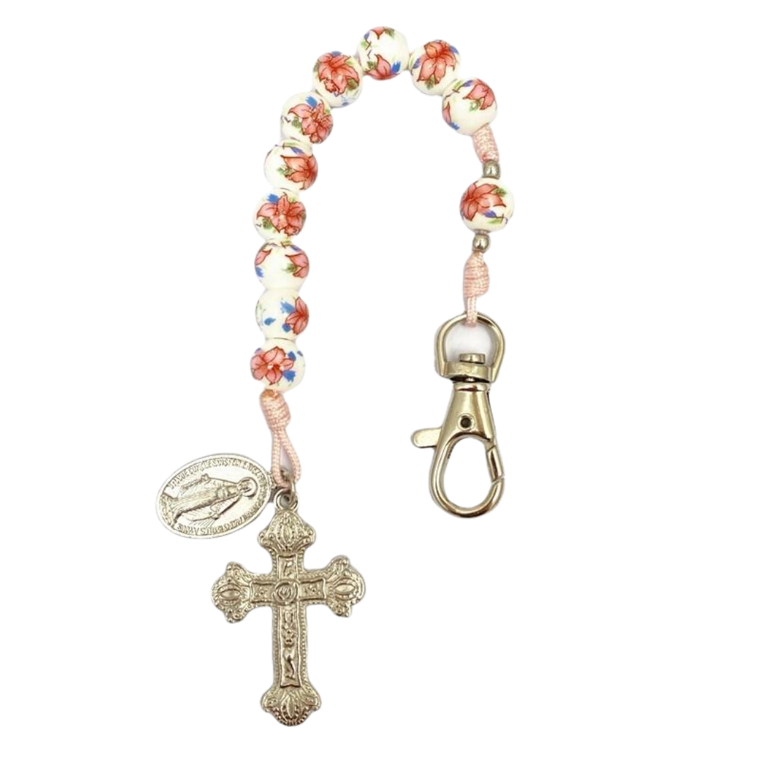 Floral Catholic Chaplet Keyring with Crucifix - JMJ Catholic Productsvariant