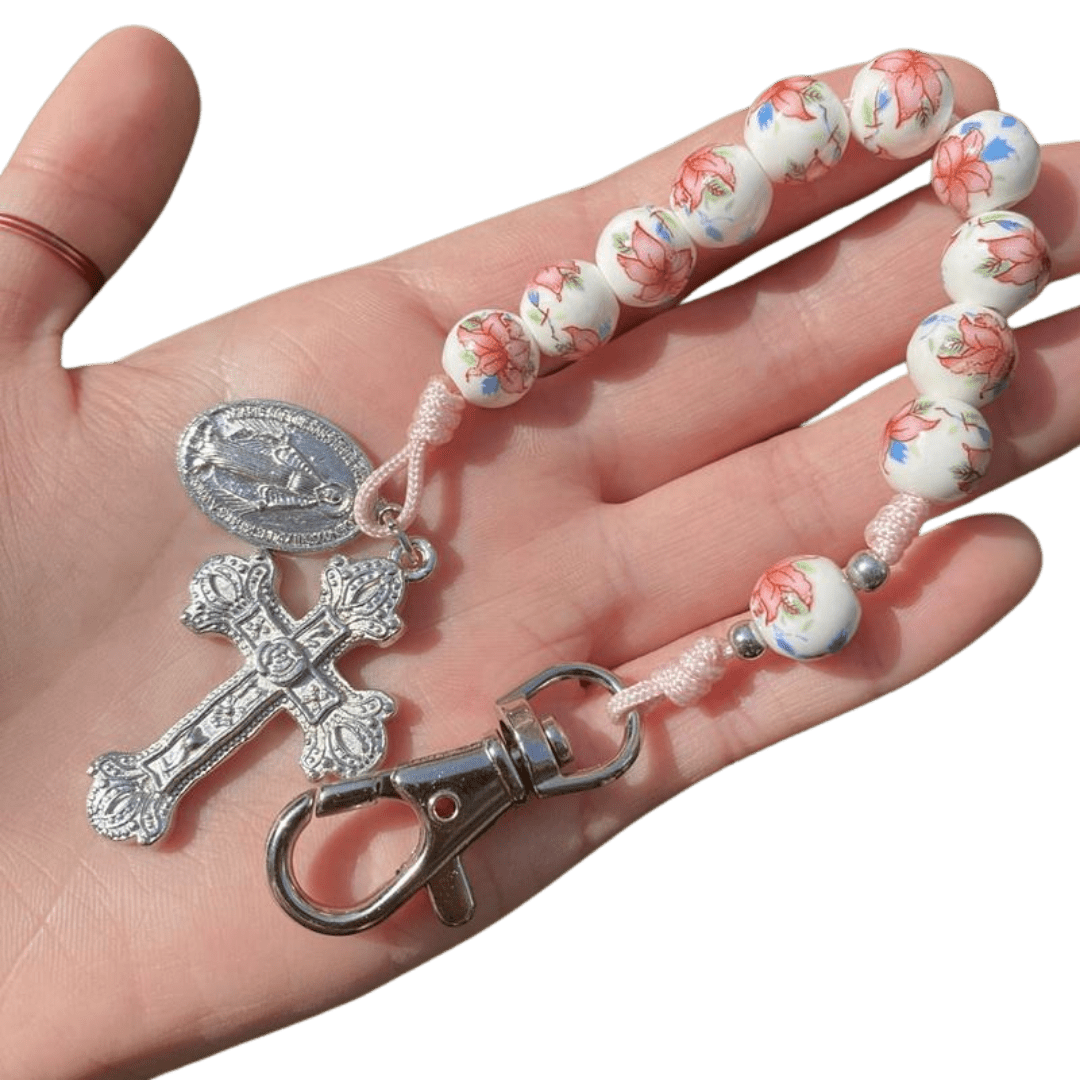 Floral Catholic Chaplet Keyring with Crucifix - JMJ Catholic Productsvariant