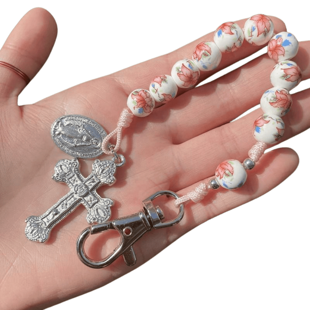 Floral Catholic Chaplet Keyring with Crucifix - JMJ Catholic Productsvariant