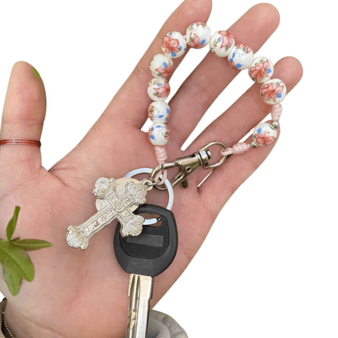 Floral Catholic Chaplet Keyring with Crucifix - JMJ Catholic Productsvariant