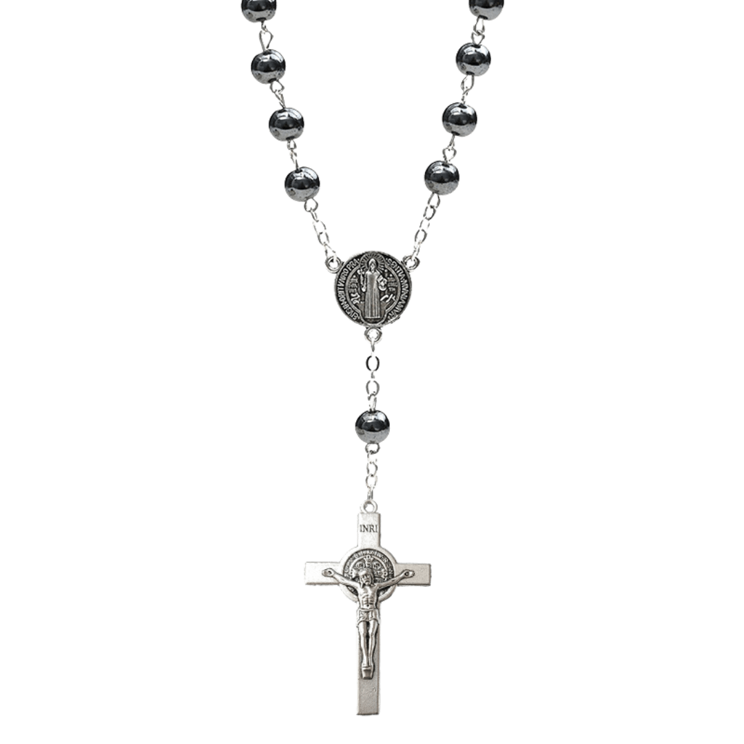 Genuine Polished Hematite Decade Rosary with St. Benedict Medal - JMJ Catholic Productsvariant