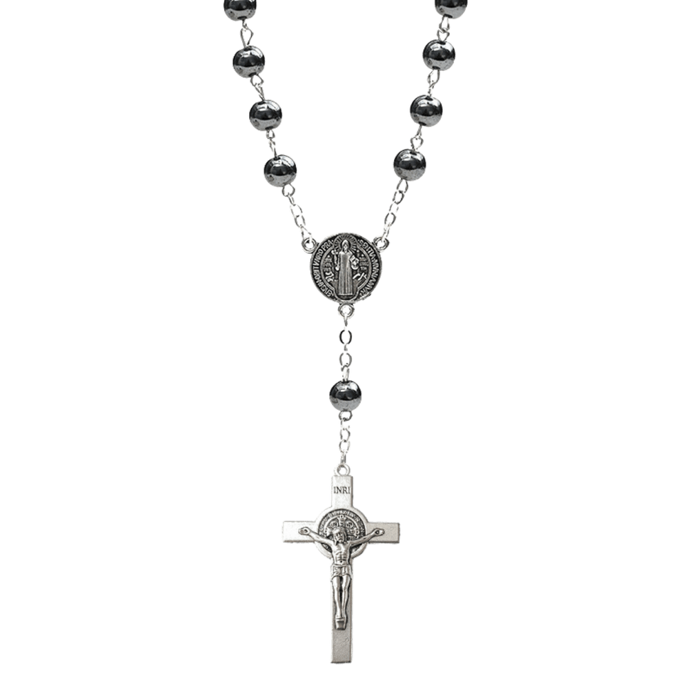 Genuine Polished Hematite Decade Rosary with St. Benedict Medal - JMJ Catholic Productsvariant