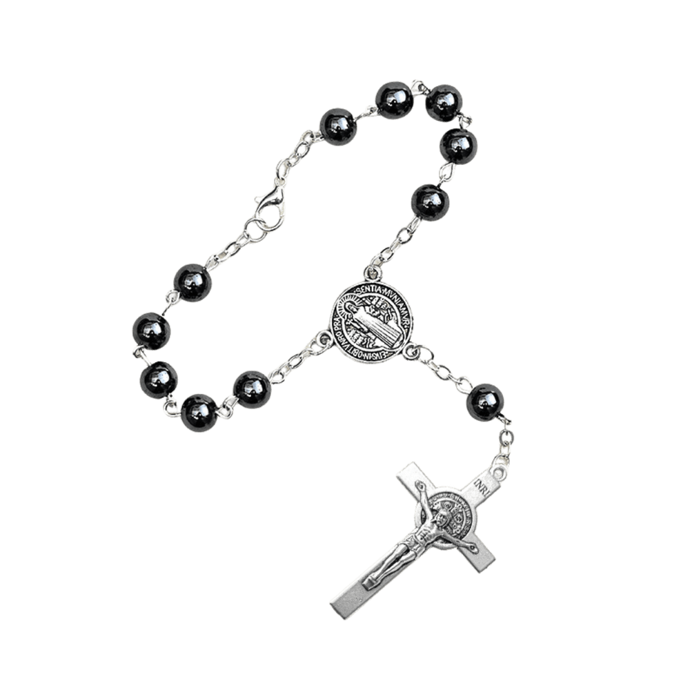 Genuine Polished Hematite Decade Rosary with St. Benedict Medal - JMJ Catholic Productsvariant