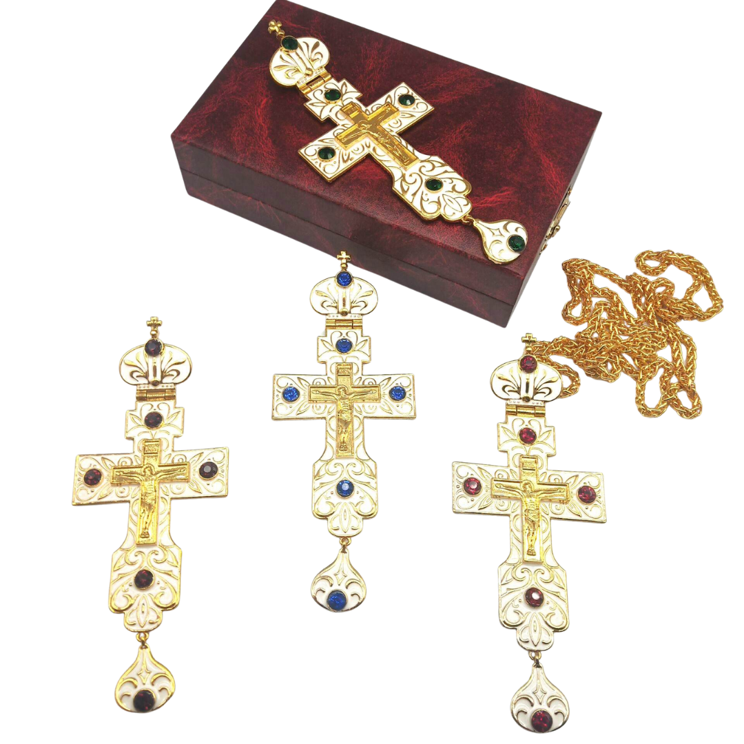 Gold Plated Ivory White Orthodox Crucifix Pectoral Cross – 4 Colours Available - JMJ Catholic Productsvariant